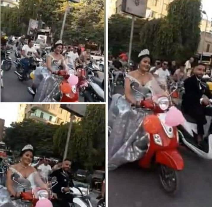 عروسان علي دراجات نارية في حفل زفافهم 