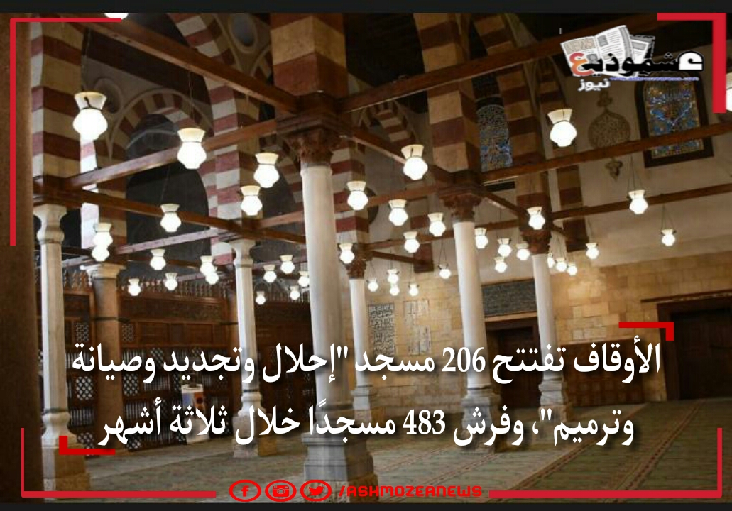 الأوقاف تفتتح 206 مساجد "إحلال وتجديد وصيانة وترميم"، وفرش 483 مسجدًا خلال ثلاثة أشهر.