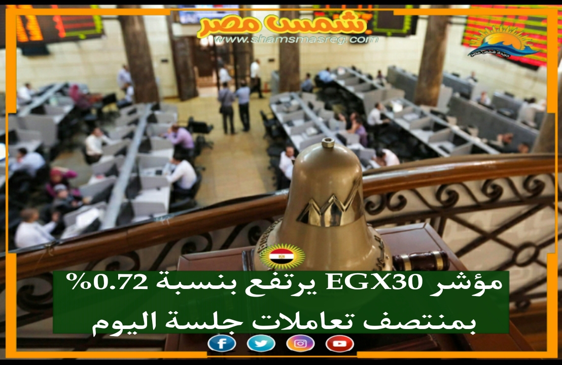 |شمس مصر|.. مؤشر EGX30 يرتفع بنسبة 0.72% بمنتصف تعاملات جلسة اليوم